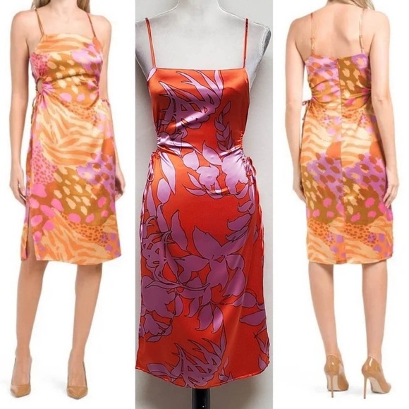 Purple Florals on Orange Satin Sheath Midi Dress Cocktail Summer Party - Picture 1 of 11